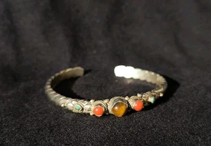 Toller Armreif offen Versilbert Armspange Edelsteine Tigerauge Koralle .. Ethno - Bild 1 von 11