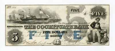 1853 $5 The Cochituate Bank - Boston, MASSACHUSETTS Note w/ SHIPS - Image 1 of 2