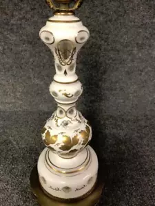 Vintage Bohemian Czech Handpainted Gold Accent White Cut to Clear Glass Lamp - Picture 1 of 4