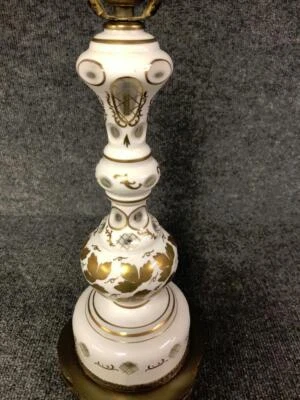 Vintage Bohemian Czech Handpainted Gold Accent White Cut to Clear Glass Lamp - Image 1 of 4
