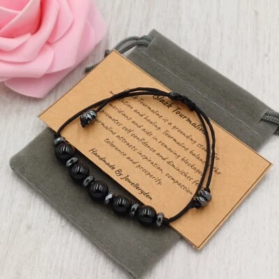 BLACK TOURMALINE Bracelet Handmade Gift Bag + Card Crystal Gemstone 8mm. - Image 1 of 4