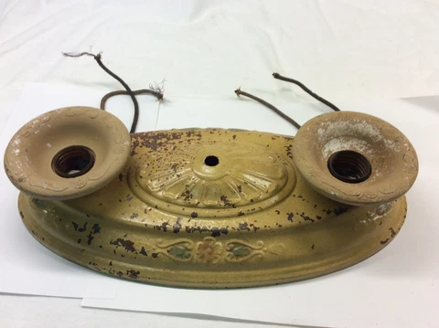 ANTIQUE Art Nouveau DECO 2 Bulb POLYCHROME Metal Flush CEILING LIGHT Fixture Cover