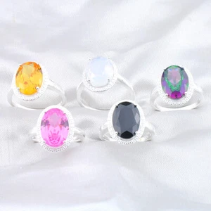 Big Offer 5PCS Oval Citrine Moonstone Mystic Topaz Onyx Silver Rings Size 7 8 9 - Picture 1 of 5