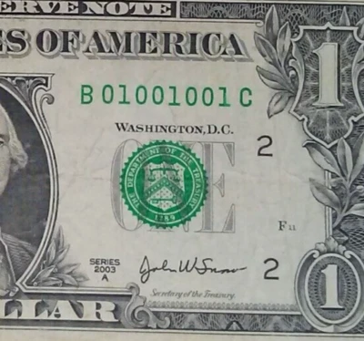 ((TRUE BINARY)) $1 2003 (( 01001001 )) FANCY SERIAL # PAPER CURRENCY - Image 1 of 3