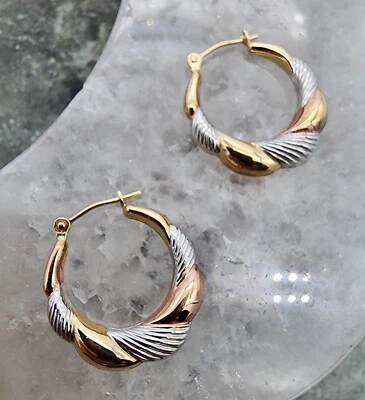 Pendientes de aro de cinta de dos tonos de oro amarillo de 14 k .585 de 3/4" Au 24284 Foto 1 de 4