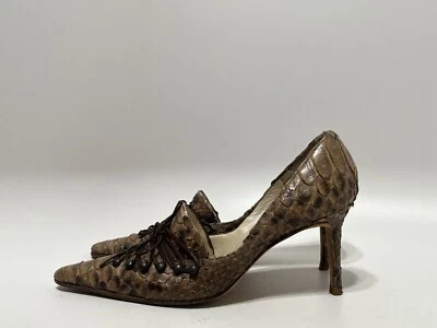 Vtg JOHN GALLIANO BROWN SNAKESKIN LACE UP HEELS 37.5 - Image 1 of 4