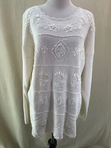 Bonnie and Bill Vintage Cream Scallop Edge Lace, Ribbon & Pearl Knit Sweater, 2X - Picture 1 of 11