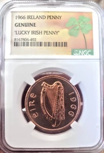 🍀”Lucky Irish Penny” - NGC - 1966 - Ireland 1p - Uncirculated - St. Patrick’s - Picture 1 of 3