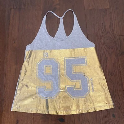 Reebok Studio 1895 Tank Feminino Tamanho XL Treinamento de Dança Racerback Cinza Dourado  - Imagem 1 de 4