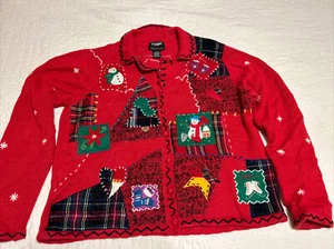 Vtg Studio Joy Small Cardigan Sweater Hand Knit Ugly Christmas Holiday Grandma - Picture 1 of 9