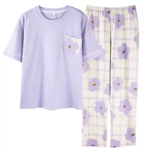 Cotton Women Pajama Set 2 Pcs Short Sleeve Pullover Top Sleepwear Long PJ Pants - Picture 1 of 9