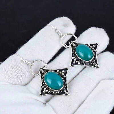 Orecchini In Argento Sterling 925 Fatti A Mano In Onice Verde Naturale Regalo - Immagine 1 di 4