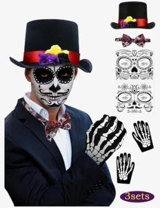 Mepase 21 Pcs (3 Sets) Day of the Dead Costume Accessories Kit Hats, Gloves, Tat - Picture 1 of 5
