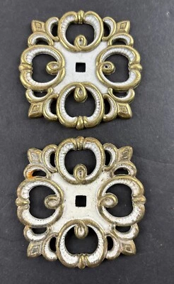 (2) Vintage Ornate White & Gold Cabinet Door Drawer Backplate JB 1968 Brass - Image 1 of 4