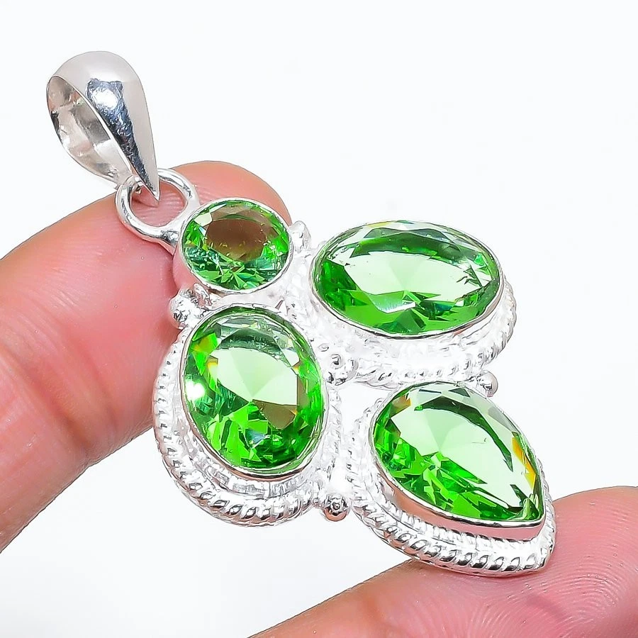 Green Tsavorite Handmade Gemstone 925 Sterling Silver Jewelry Pendant Size 2" - Image 1 of 1