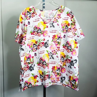 Disney Chip & Dale Garden Friends 3XL Scrub Top 3 Pocket Pink Flowers Chipmunks - Image 1 of 4