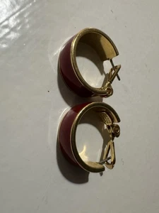 Signed Monet Clip On Hoop Earrings Gold Tone With Red Enamel - Picture 1 of 4