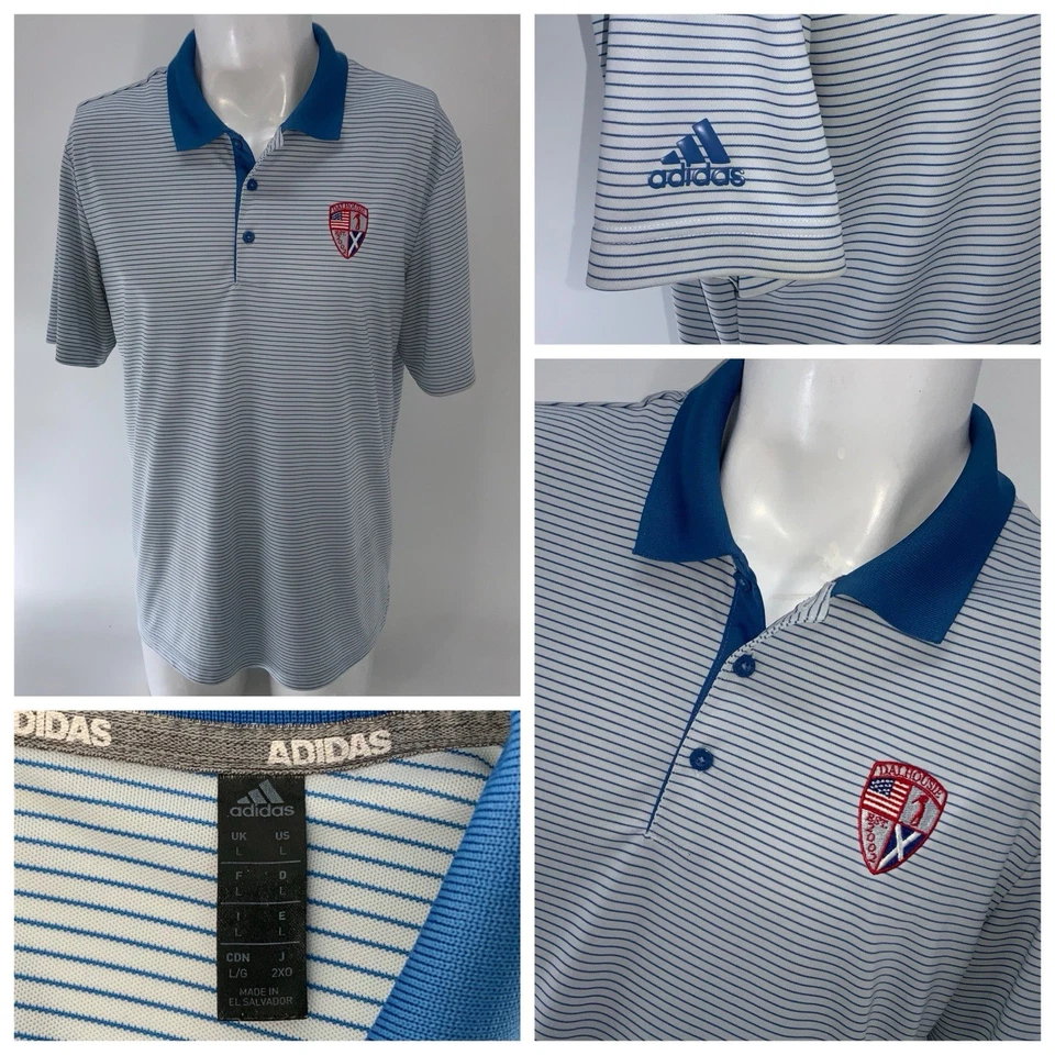 Adidas Golf Polo Shirt Men’s L White Blue Striped Poly Dalhousie GC YGI U5-61 - Image 1 of 4