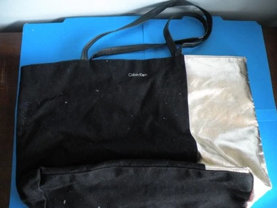 Calvin Klein purse handbag tote shopping 2 tone blk gold large canvas vinyl F44 - Image 1 of 4