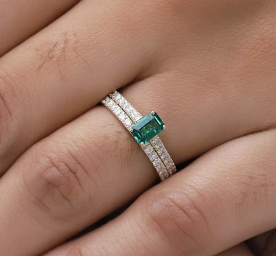 1 Ct Solitaire Bridal Ring Set Green & White Lab Grown Diamond Gemstone 14K YG - Image 1 of 4