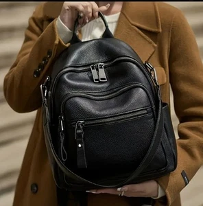 Rucksack aus Echtem Leder für Frauen - Stilvolle Schwarze Umwandelbare Schultert - Bild 1 von 6