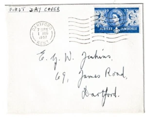 1/8/1957 UK GB FDC - Scout Jubilee Jamboree - 4d - Dartford Slogan Postmark #1 - Picture 1 of 2