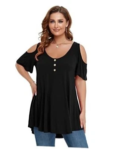 Cold Shoulder Tops for Women Plus Size V Neck T Shirts Short Sleeve 2X Black - Picture 1 of 7