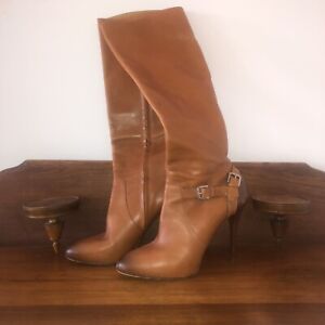 RALPH LAUREN COLLECTION VIVERA CALF KNEE HIGH BROWN SADDLE BOOTS SIZE 9 