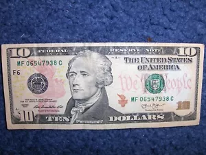 LOW DIGIT SERIAL # U.S. TEN DOLLAR FEDERAL RESERVE NOTE! 8-DIGIT STRAIGHT! - Picture 1 of 6