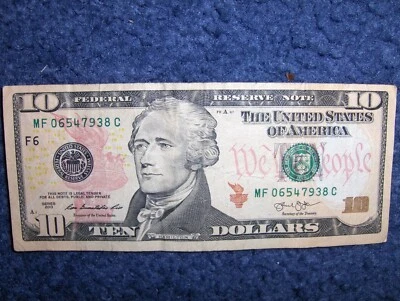 LOW DIGIT SERIAL # U.S. TEN DOLLAR FEDERAL RESERVE NOTE! 8-DIGIT STRAIGHT! - Image 1 of 4