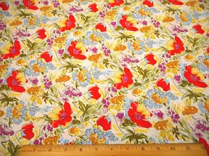 Cotton Fabric By Yard SALE Red Blue Purple Yellow Floral on White Premium #V #PC - Picture 1 of 2