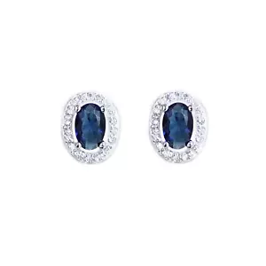 Sterling Silver Sapphire Blue Clear CZ Halo Stud Earrings 4mm x 6mm Main Stone - Picture 1 of 11