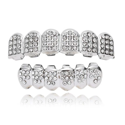 14K Gold Plated Crystal Teeth Grillz Top Bottom Mouth Silver Hip Hop Grill Set - Image 1 of 4