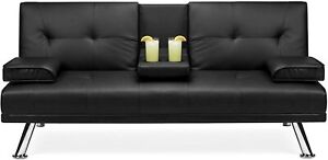 Sofa Bed Faux Leather Upholstered Modern Convertible Folding Removable Arm Rest