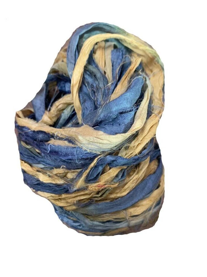 Recycled Sari Silk Ribbon Yarn - Blue and yellow - 50 GMS - Boho Ribbon - Silk - Image 1 of 4