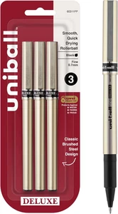 Uniball Deluxe 0.7Mm Fine Point Rollerball Pen, 3 Black - Smooth Writing, Waterp - Picture 1 of 12