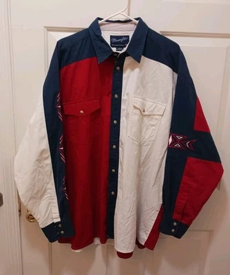 Vtg 90s Wrangler Pearl Snap Shirt Red White Blue Colorblock Aztec Embroidered 2X - Image 1 of 4