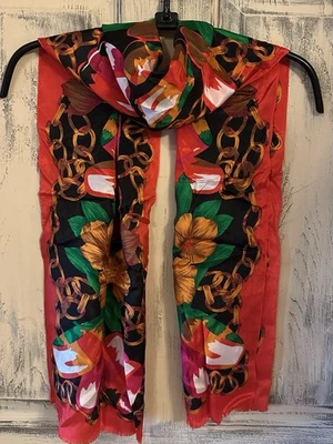 Vintage Oscar de la Renta Silk Scarf Womens Red Gold Floral Designer Glam 11x52 - Image 1 of 4