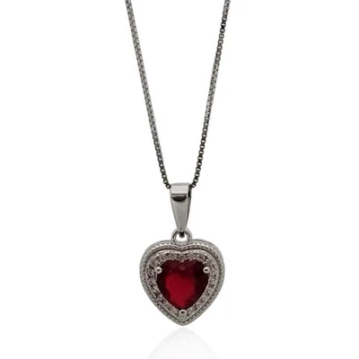 Collana con ciondolo Cuore in argento 925 rodiato con zirconi bianchi e rosso - Immagine 1 di 2