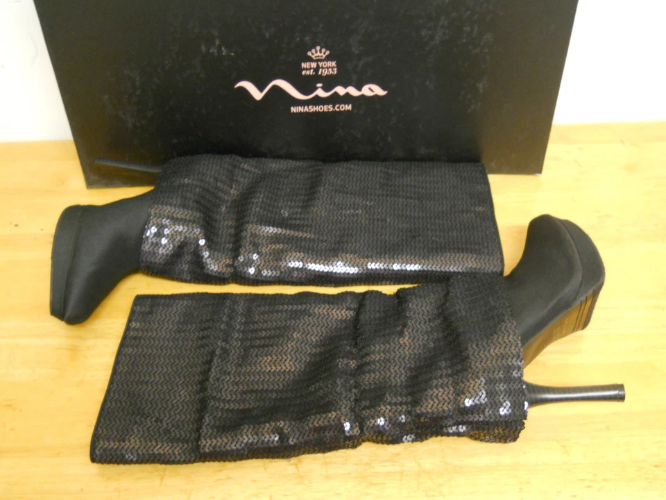 Nuevas botas de tacón Nina para mujer Nakona negras lentejuelas 8 M zapatos Foto 1 de 4