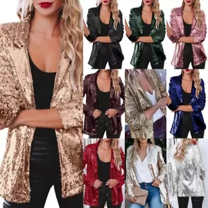 Women Sequin Long-sleeved Elegant Blazer Biker Festival Clubbing Party Club Top! - Picture 1 of 13