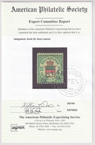 Heligoland Scott #20 Used Stamp with Favor Cancel. XF. APS Certified. CV $1350 Cover