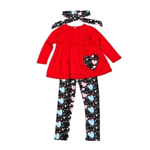 Heart Valentines Day Outfit Red Long Sleeve Shirt Snowflake Legging Tie Girls XS - Picture 1 of 12