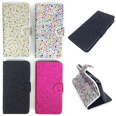 Diamante Jewel Bling Glitter Sparkly Leather Flip Wallet Case Cover For Phones - Image 1 of 4