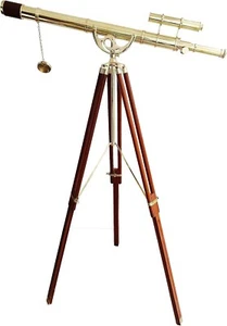 Vintage Shiny Brass Finish Latest Double Barrel Telescope Nautical Floor Standin - Picture 1 of 8