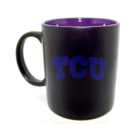 TCU Horned Frogs NCAA Matte Black Ceramic Coffee Cup Mug 11 oz Purple interior Cover