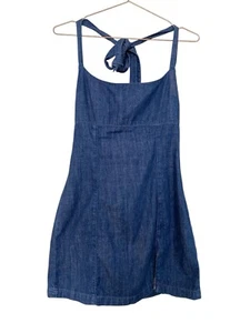 REFORMATION Isha Denim Mini Dress Halter Neck - Picture 1 of 3