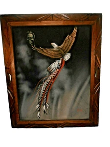 Vintage Painting on velvet  American eagle signed DR - Imagen 1 de 5