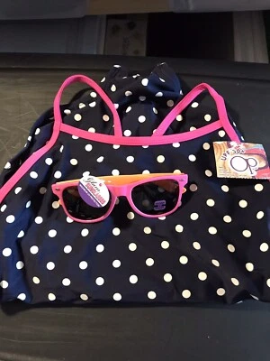 Niñas-XL 14-16 Punto Azul Marino Con Borde Rosa-1 Pc Traje de Baño y Gafas- OP Totalmente Nuevo Foto 1 de 4