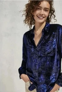Anthropologie Pilcro Mara Shirt Relaxed Blue Velvet Button-Down Sz Large - Picture 1 of 14